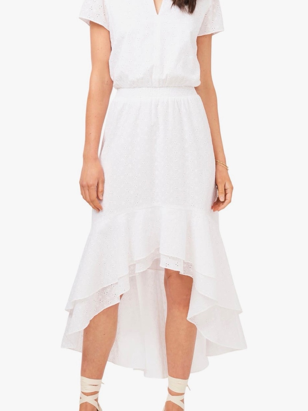 Nordstrom 1. State Women's White Eyelet Smocked Waist High/Low Midi Dress Size L